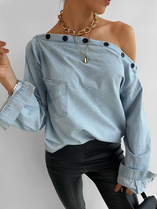 Blouses Button Boat Neck Off Shoulder Pocket Long Sleeve Denim Blouse - LuckyFash™