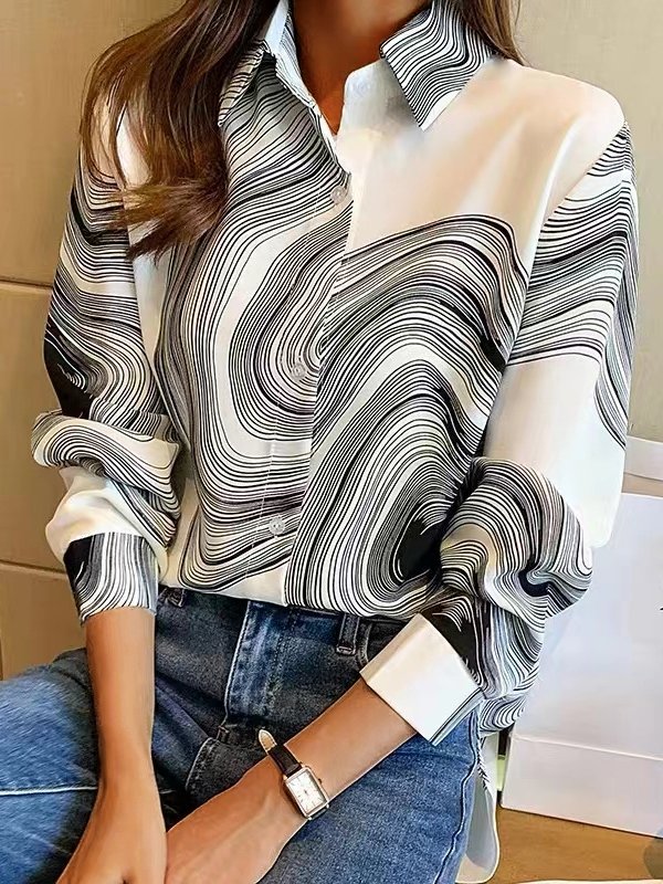 Blouses Button Long Sleeves Lapel Printed Blouse - LuckyFash™