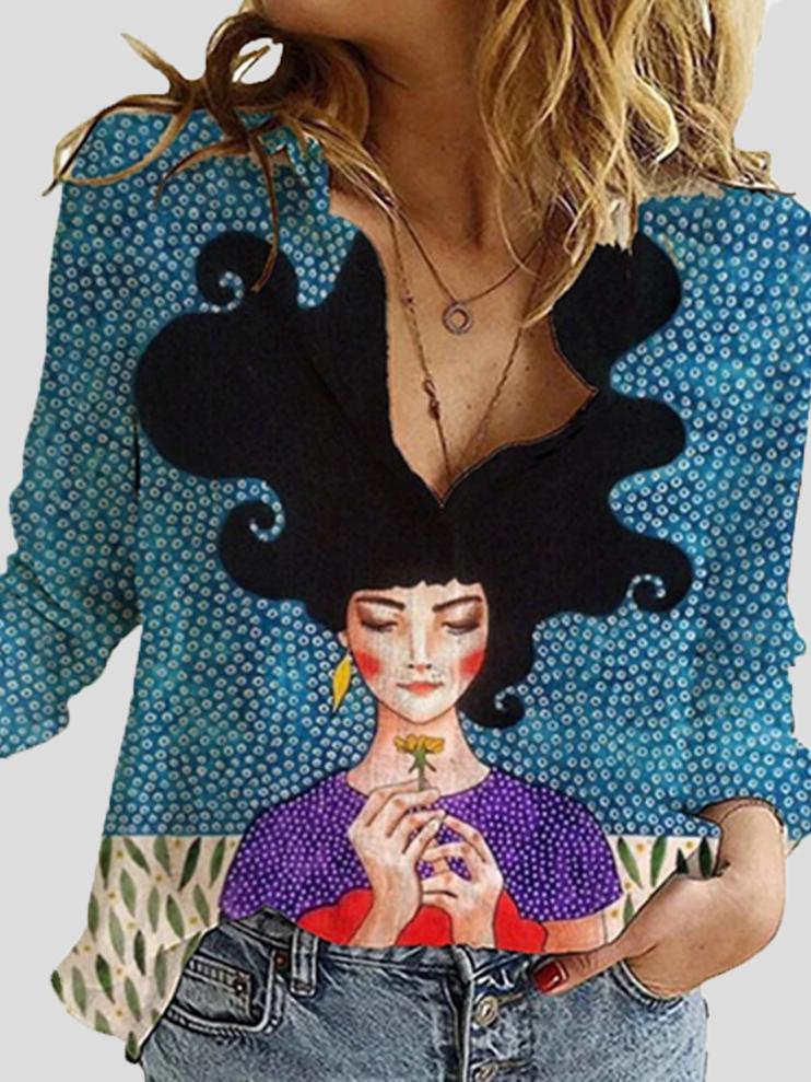 Women's Blouses Cartoon Character Print Lapel Long Sleeve Blouse - LuckyFash™