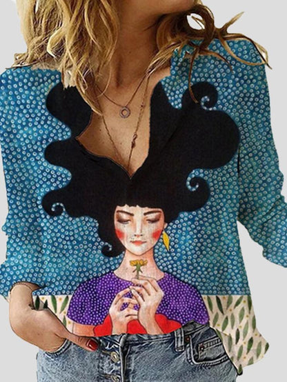 Women's Blouses Cartoon Character Print Lapel Long Sleeve Blouse - LuckyFash™