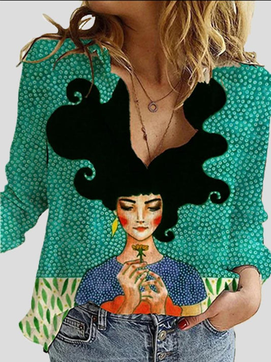 Women's Blouses Cartoon Character Print Lapel Long Sleeve Blouse - LuckyFash™