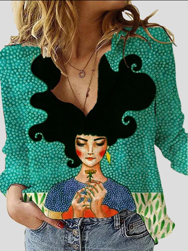 Women's Blouses Cartoon Character Print Lapel Long Sleeve Blouse - LuckyFash™