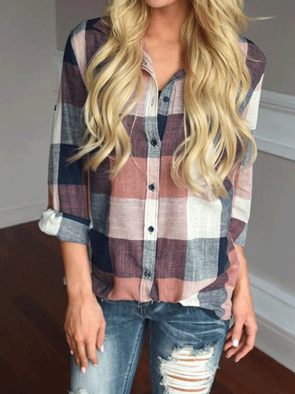 Blouses Casual Lapel Plaid Long Sleeve Blouse - LuckyFash™