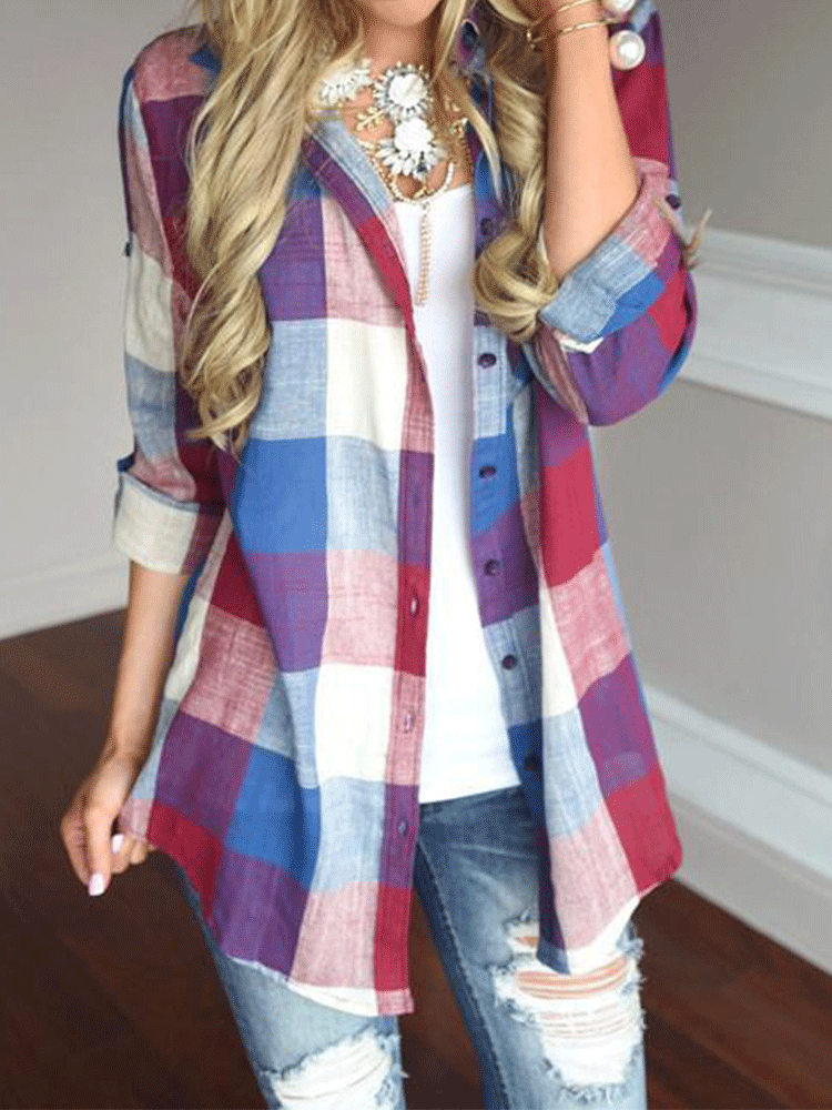 Blouses Casual Lapel Plaid Long Sleeve Blouse - LuckyFash™