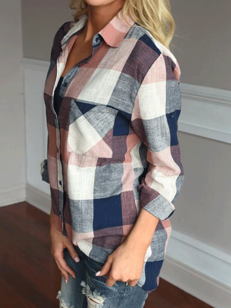 Blouses Casual Lapel Plaid Long Sleeve Blouse - LuckyFash™