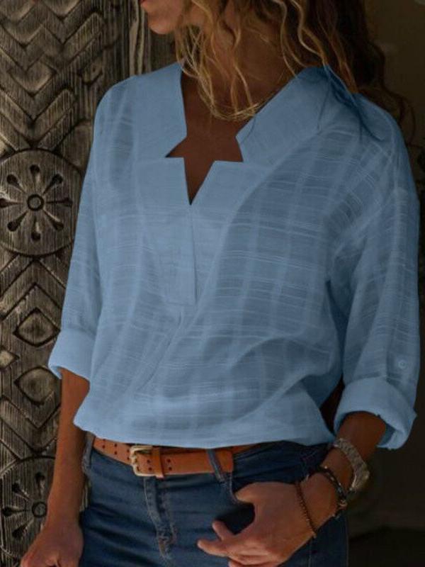 Women's Blouses Casual Solid V-Neck Long Sleeve Blouse - LuckyFash™