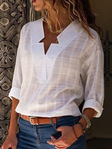 Women's Blouses Casual Solid V-Neck Long Sleeve Blouse - LuckyFash™