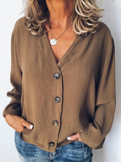 Blouses Casual V-Neck Button Long Sleeve Blouse - LuckyFash™