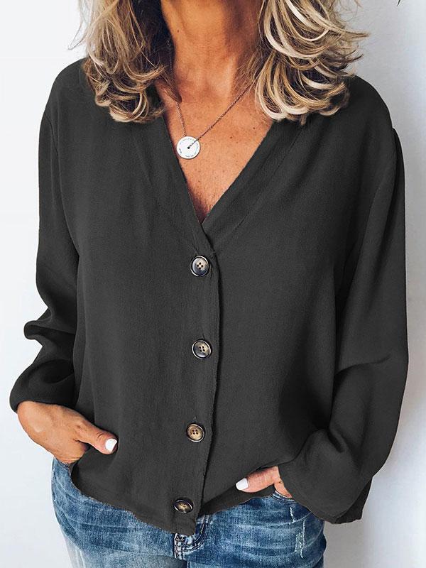 Blouses Casual V-Neck Button Long Sleeve Blouse - LuckyFash™