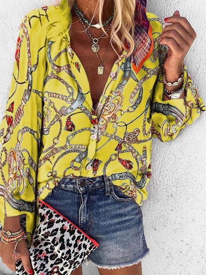 Women's Blouses Chain Print Stand Collar Long Sleeve Blouse - LuckyFash™