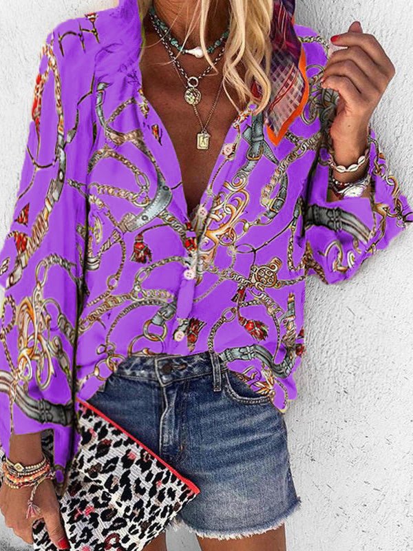 Women's Blouses Chain Print Stand Collar Long Sleeve Blouse - LuckyFash™