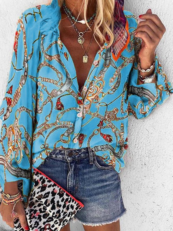 Women's Blouses Chain Print Stand Collar Long Sleeve Blouse - LuckyFash™