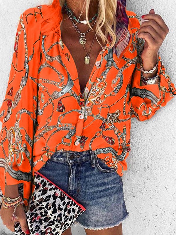 Women's Blouses Chain Print Stand Collar Long Sleeve Blouse - LuckyFash™