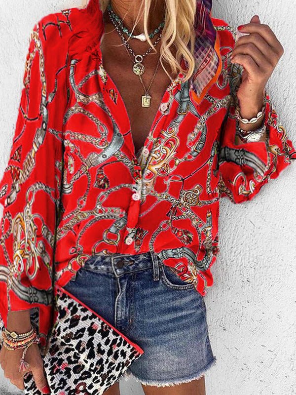 Women's Blouses Chain Print Stand Collar Long Sleeve Blouse - LuckyFash™