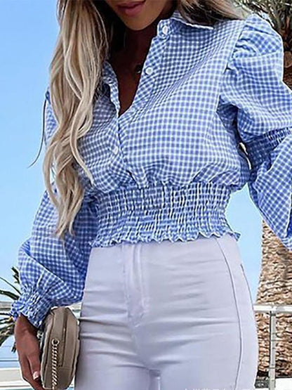 Blouses Check Print Button Elastic Waist Long Sleeves Blouse - LuckyFash™