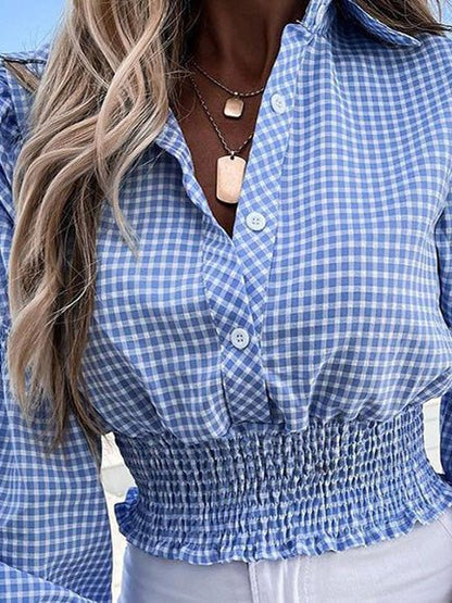 Blouses Check Print Button Elastic Waist Long Sleeves Blouse - LuckyFash™