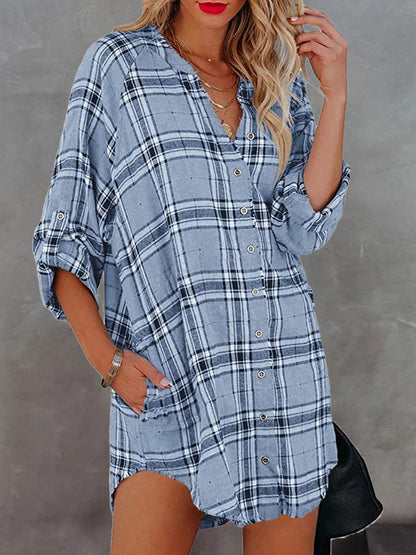 Women's Blouses Check Printed V-Neck Pocket Long Sleeve Blouse - LuckyFash™