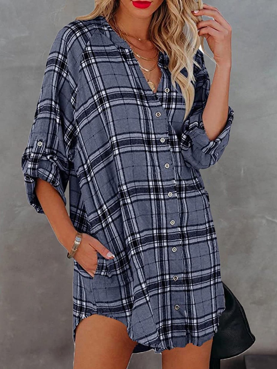 Women's Blouses Check Printed V-Neck Pocket Long Sleeve Blouse - LuckyFash™