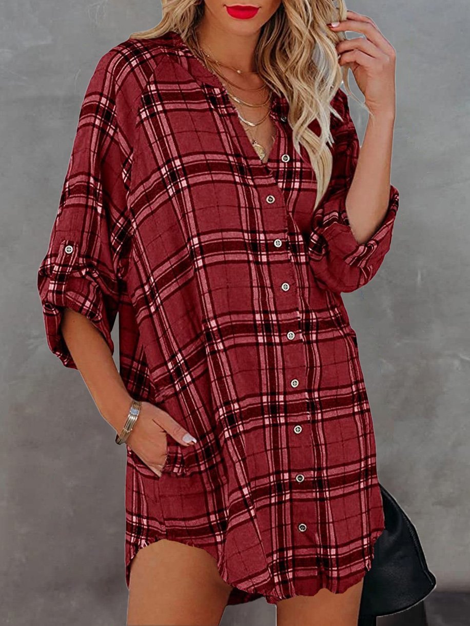 Women's Blouses Check Printed V-Neck Pocket Long Sleeve Blouse - LuckyFash™