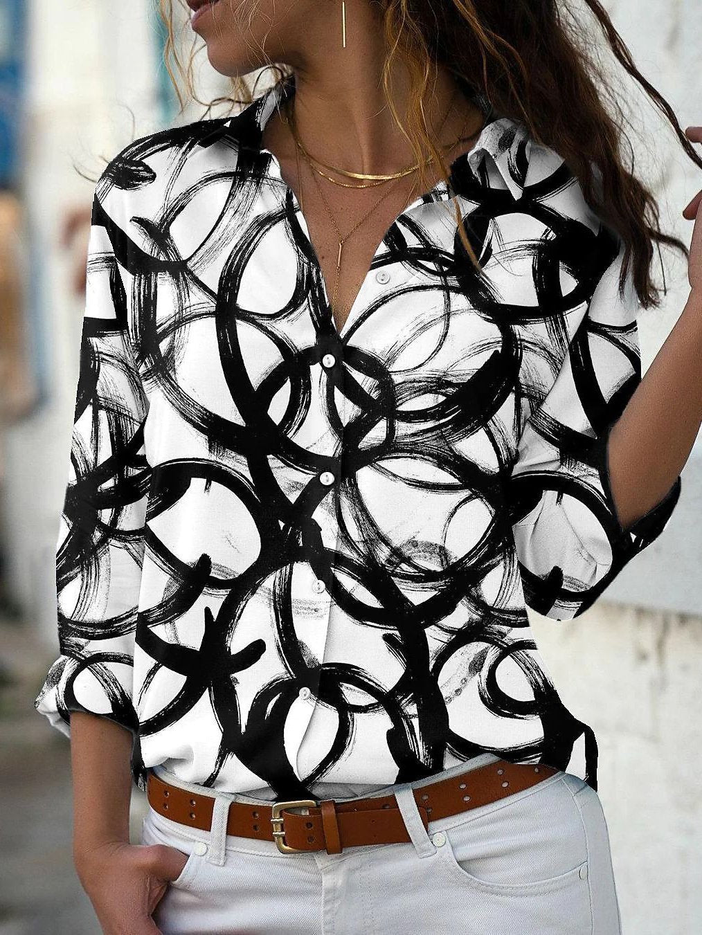 Women's Blouses Circle Print Button Long Sleeve Blouse - LuckyFash™