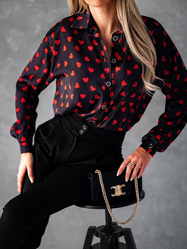 Women's Blouses Collar Drop Shoulder Heart Print Blouse - LuckyFash™