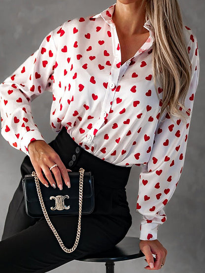 Women's Blouses Collar Drop Shoulder Heart Print Blouse - LuckyFash™