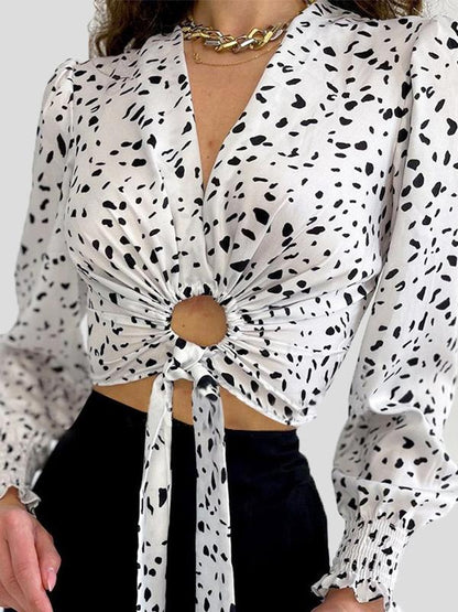 Women's Blouses Cow Pattern V-Neck Tie Hollow Long Sleeve Crop Blouse - LuckyFash™