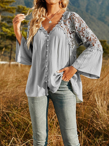 Women's Blouses Deep V-Neck Lace Hollow Long Sleeve Blouses - LuckyFash™