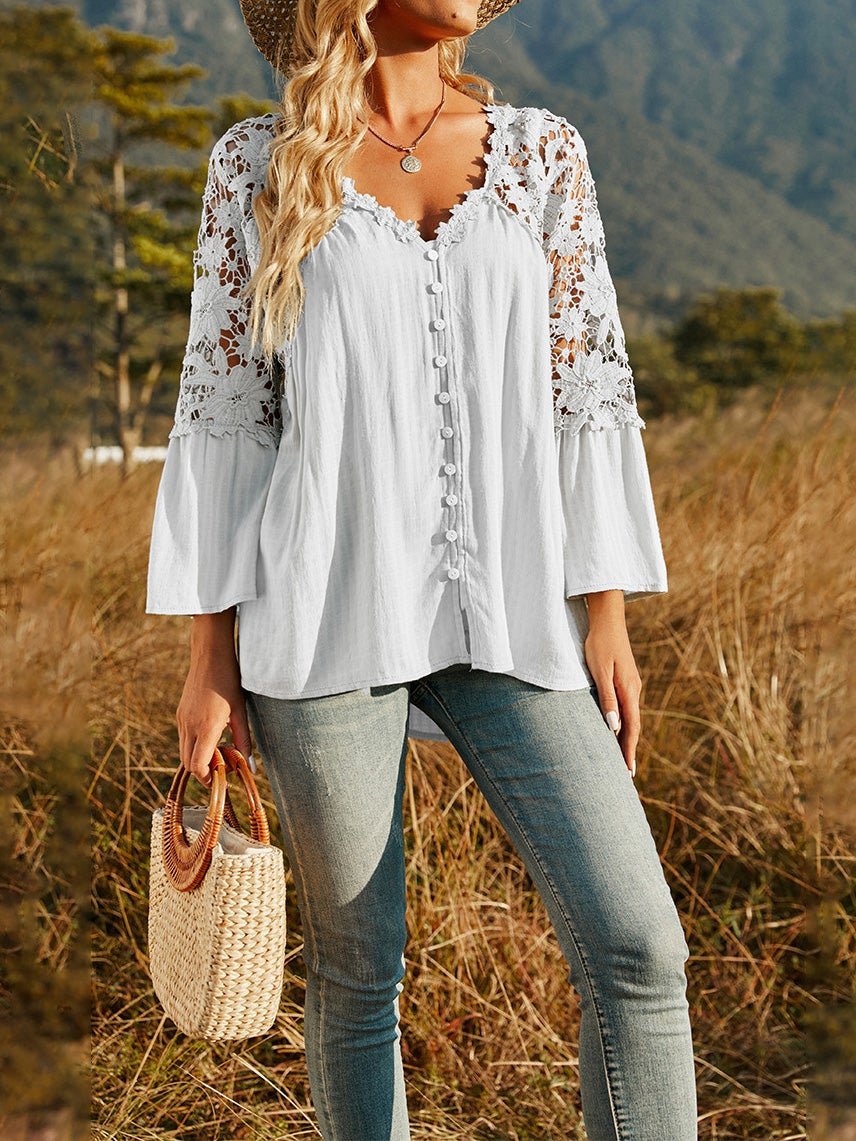 Women's Blouses Deep V-Neck Lace Hollow Long Sleeve Blouses - LuckyFash™