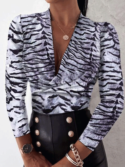 Blouses Deep V-Neck Leopard Print Long Sleeve Blouse - LuckyFash™