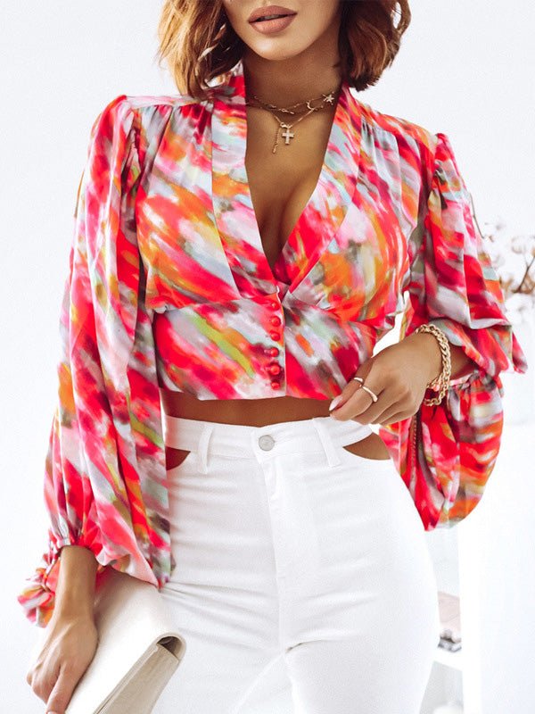 Women's Blouses Deep V Neck Print Balloon Sleeve Blouse - LuckyFash™