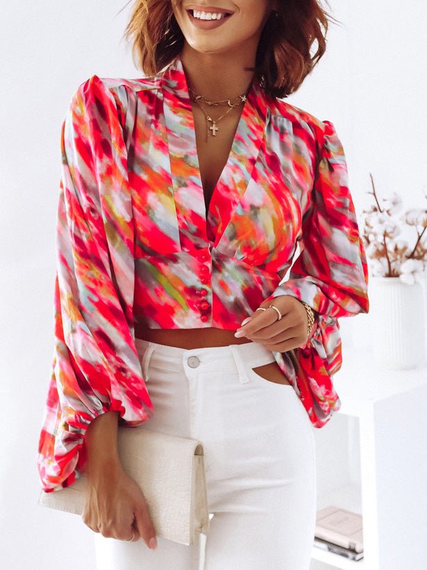 Women's Blouses Deep V Neck Print Balloon Sleeve Blouse - LuckyFash™