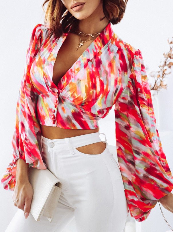 Women's Blouses Deep V Neck Print Balloon Sleeve Blouse - LuckyFash™