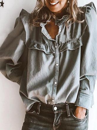 Blouses Doll Collar Long Sleeve Button Denim Blouse - LuckyFash™