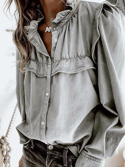 Blouses Doll Collar Long Sleeve Button Denim Blouse - LuckyFash™