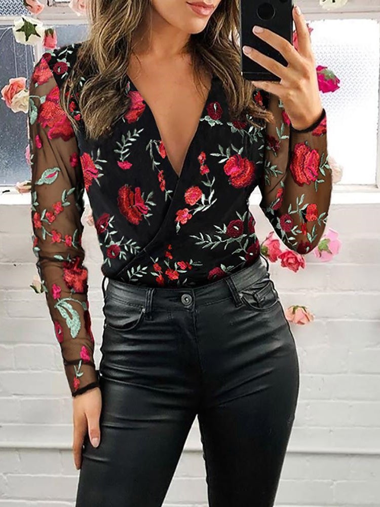 Women's Blouses Embroidered V-Neck Mesh Long Sleeve Blouse - LuckyFash™