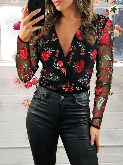 Women's Blouses Embroidered V-Neck Mesh Long Sleeve Blouse - LuckyFash™