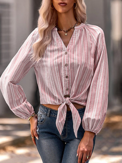 Blouses Fashion Slim V-Neck Stripe Long Sleeve  Blouse - LuckyFash™