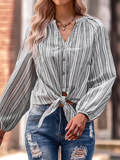 Blouses Fashion Slim V-Neck Stripe Long Sleeve  Blouse - LuckyFash™