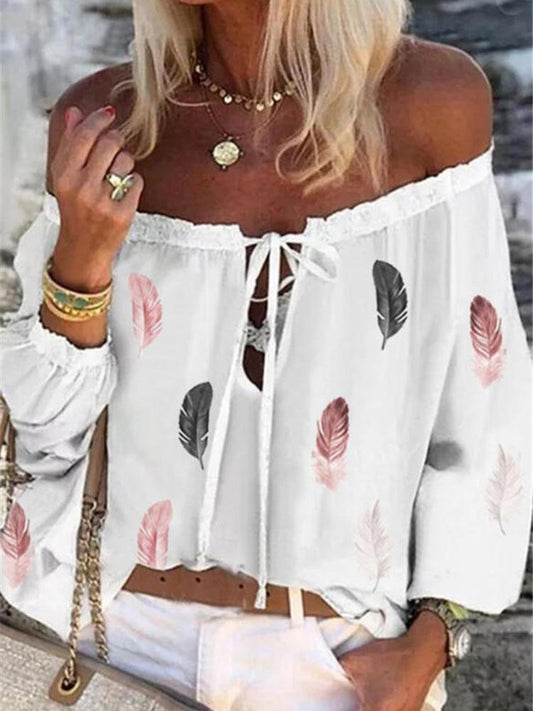 Women's Blouses Feather Print Boat Neck Long Sleeve Chiffon Blouses - LuckyFash™