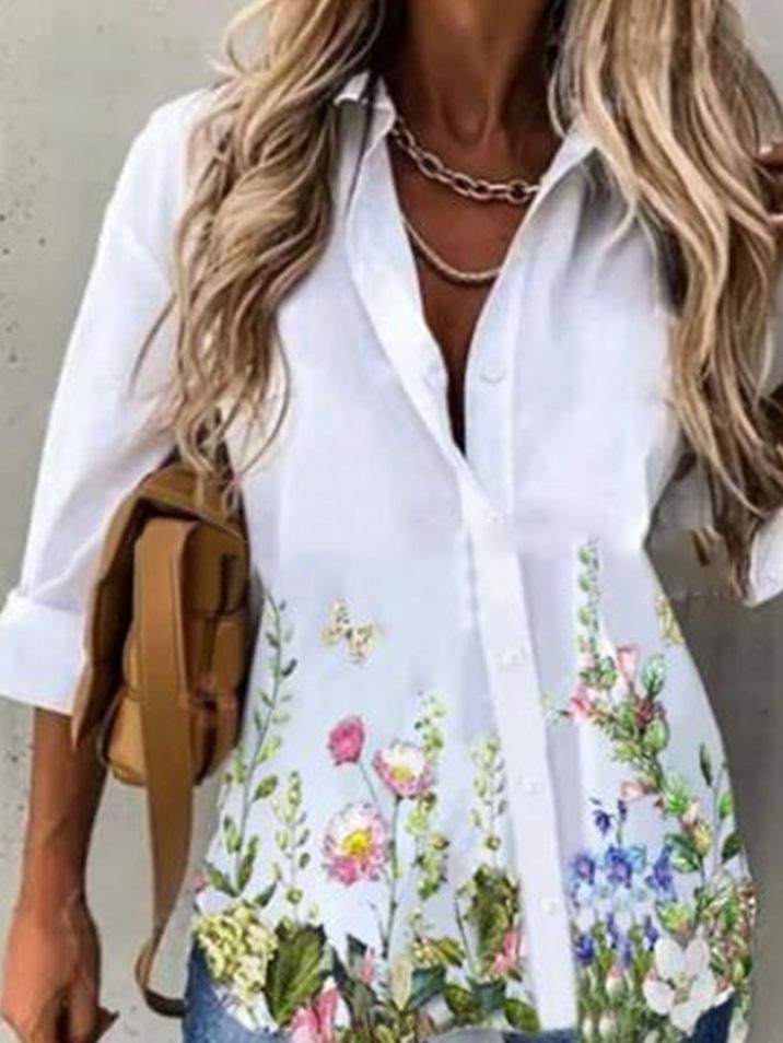 Women's Blouses Floral Long Sleeve Single-Breasted Lapel Blouse - LuckyFash™