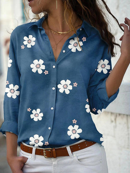 Women's Blouses Flower Lapel Button Long Sleeve Blouse - LuckyFash™