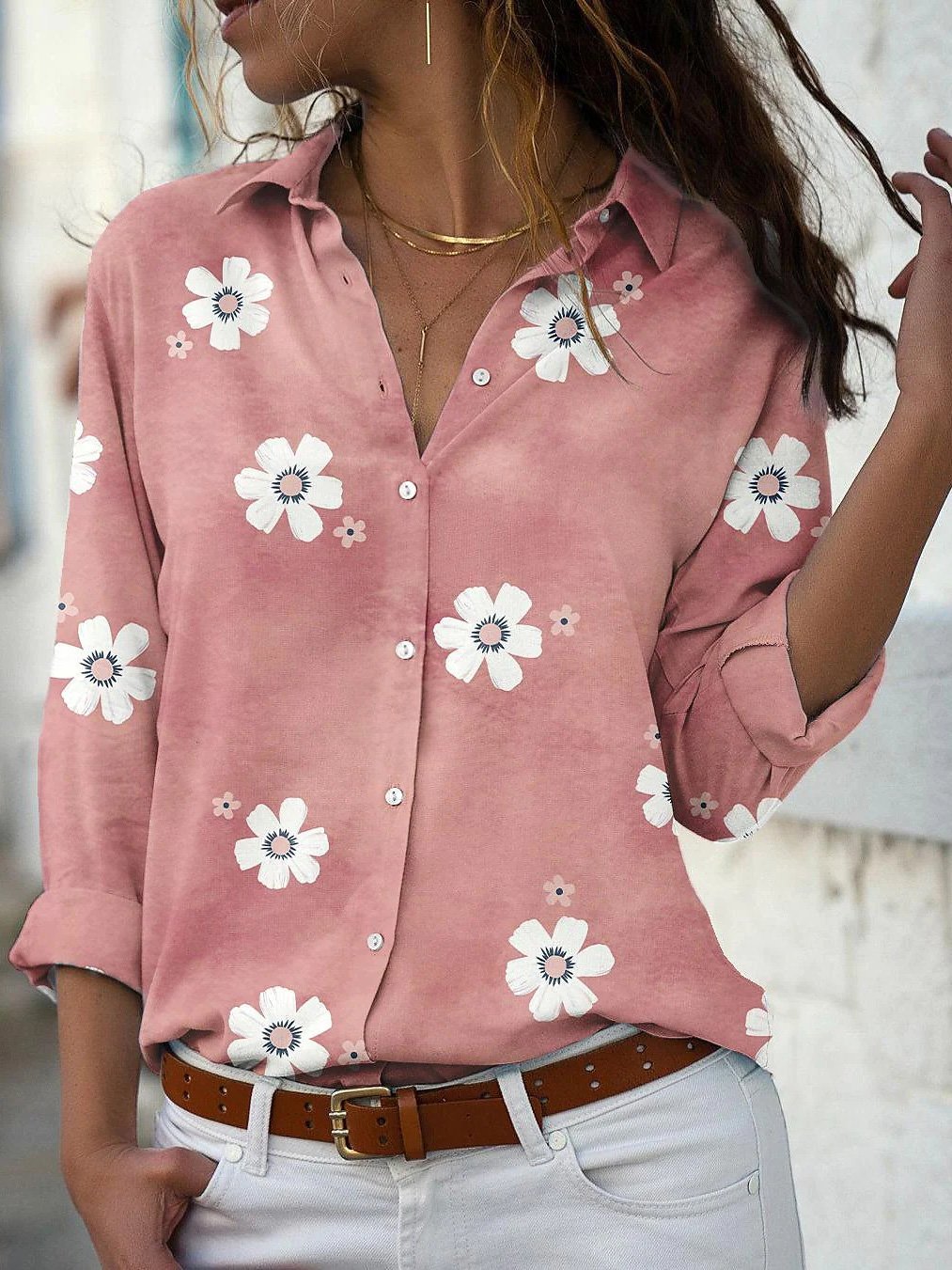 Women's Blouses Flower Lapel Button Long Sleeve Blouse - LuckyFash™