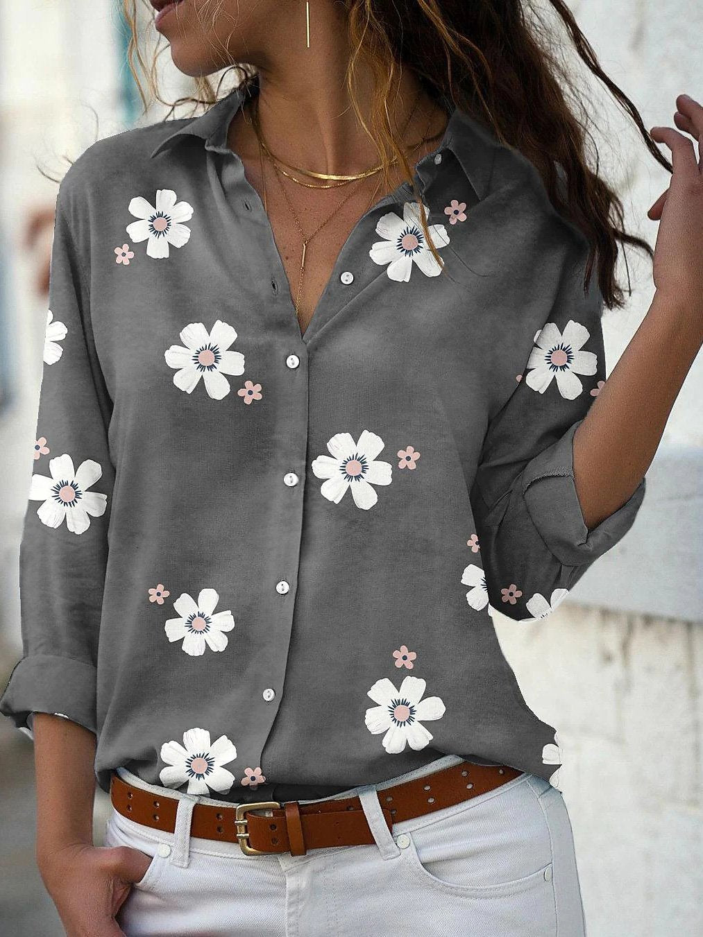 Women's Blouses Flower Lapel Button Long Sleeve Blouse - LuckyFash™