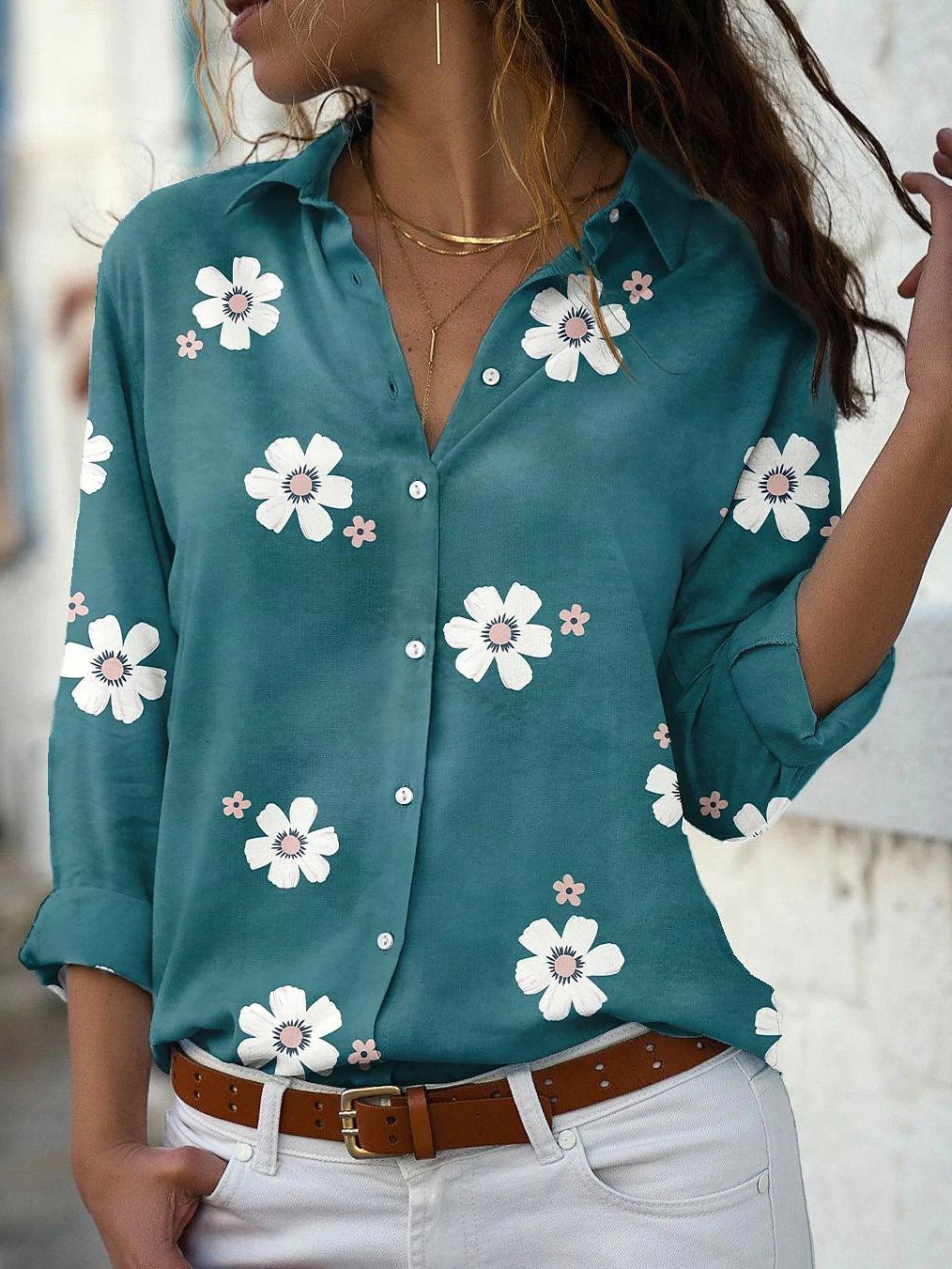 Women's Blouses Flower Lapel Button Long Sleeve Blouse - LuckyFash™