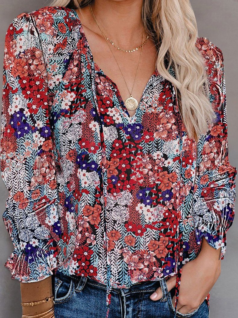 Women's Blouses Flower Print V-Neck Long Sleeve Blouse - LuckyFash™