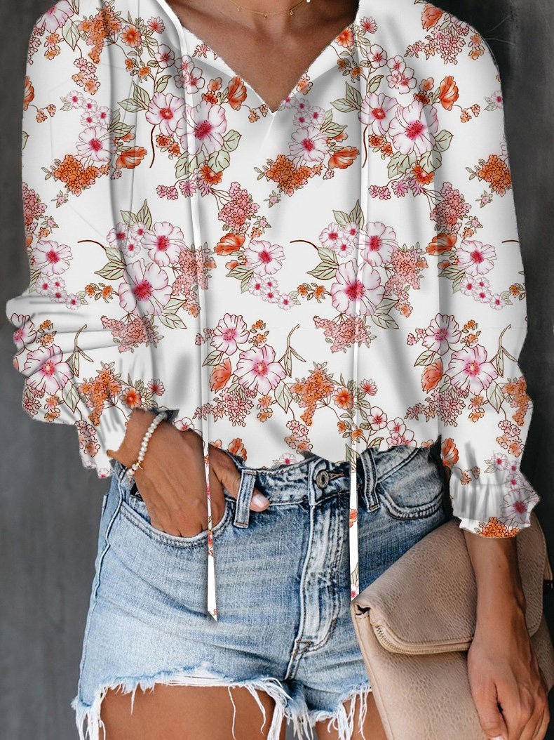 Women's Blouses Flower Print V-Neck Long Sleeve Blouse - LuckyFash™