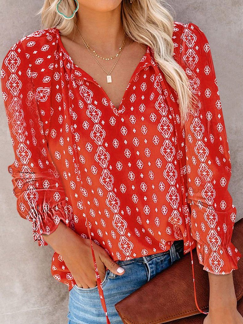 Women's Blouses Flower Print V-Neck Long Sleeve Blouse - LuckyFash™