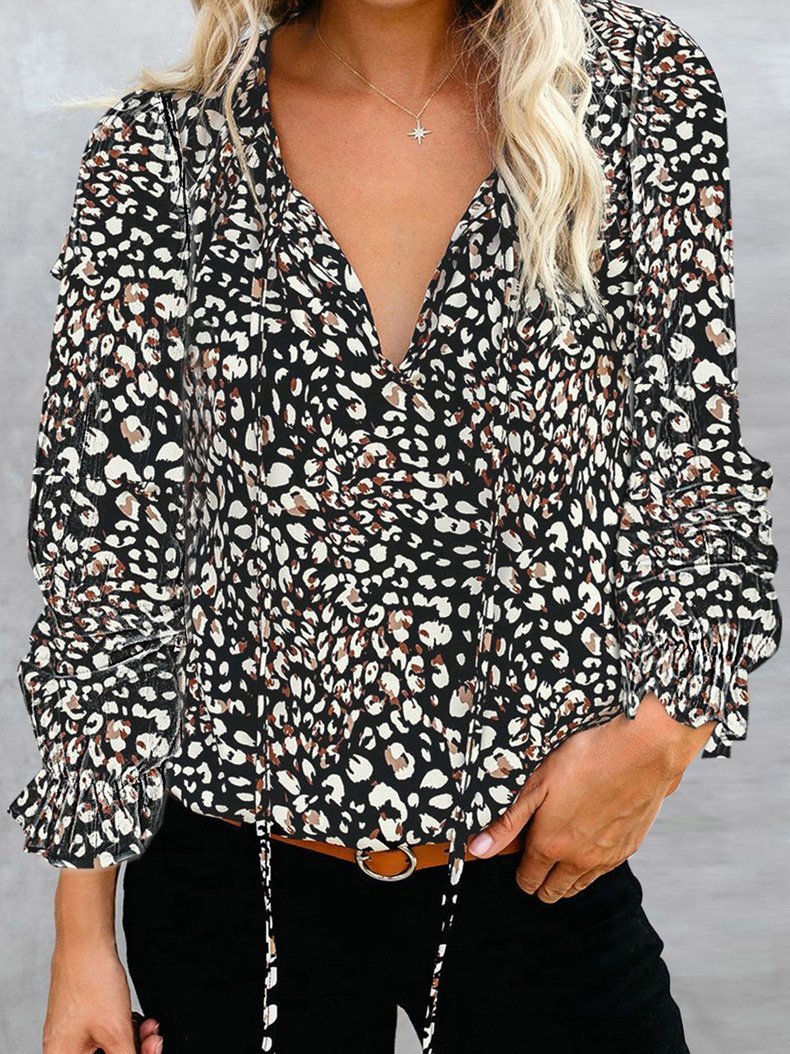 Women's Blouses Flower Print V-Neck Long Sleeve Blouse - LuckyFash™