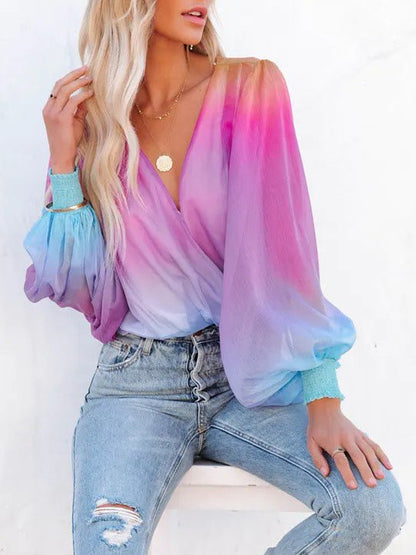 Women's Blouses Gradient Sheer V-Neck Long Sleeve Blouse - LuckyFash™